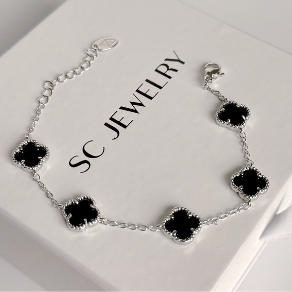 Petite Clover Bracelet Black Onyx Silver Tone Chain